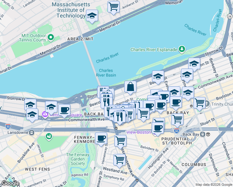 map of restaurants, bars, coffee shops, grocery stores, and more near 457 Beacon Street in Boston