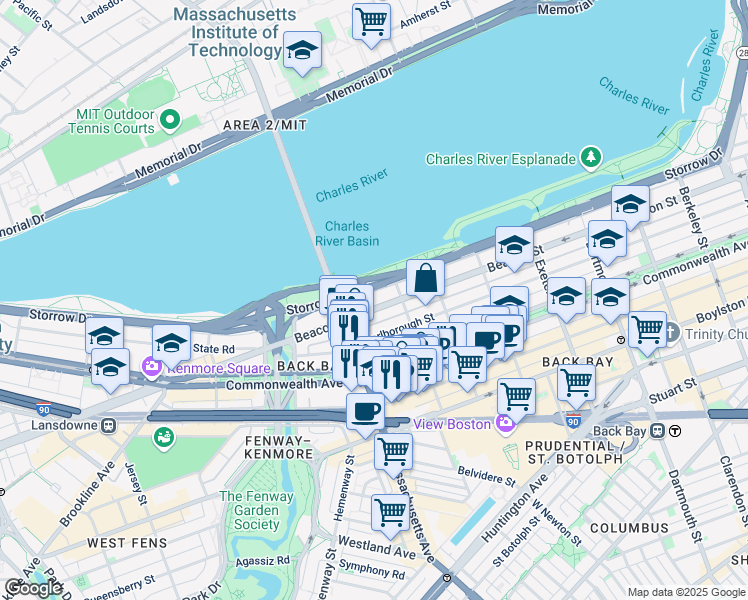 map of restaurants, bars, coffee shops, grocery stores, and more near 457 Beacon Street in Boston