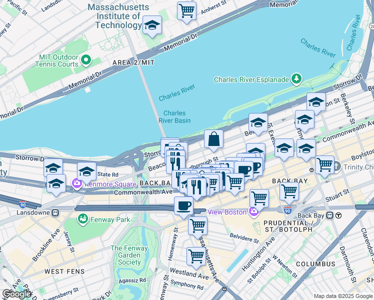 map of restaurants, bars, coffee shops, grocery stores, and more near 457 Beacon Street in Boston