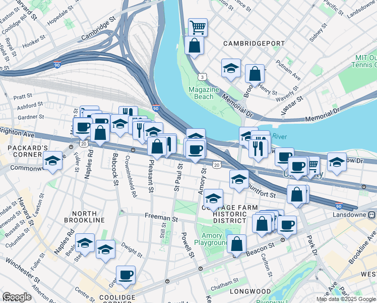 map of restaurants, bars, coffee shops, grocery stores, and more near 884 Commonwealth Avenue in Brookline