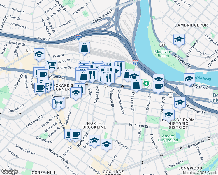 map of restaurants, bars, coffee shops, grocery stores, and more near 20 Winslow Road in Brookline