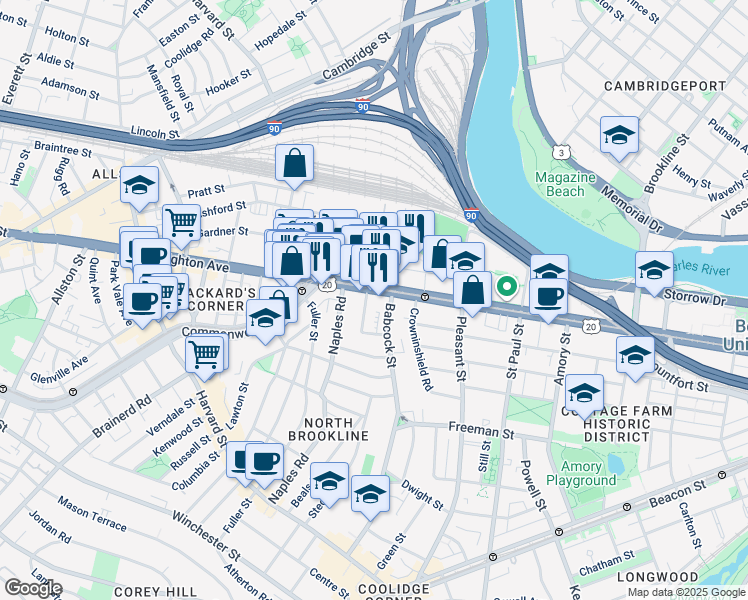 map of restaurants, bars, coffee shops, grocery stores, and more near 20 Winslow Road in Brookline