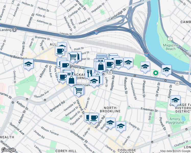 map of restaurants, bars, coffee shops, grocery stores, and more near 1131 Commonwealth Avenue in Boston