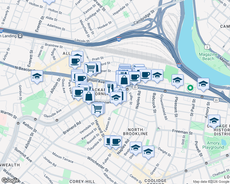 map of restaurants, bars, coffee shops, grocery stores, and more near 1131 Commonwealth Avenue in Boston