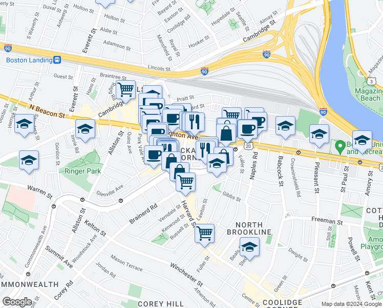 map of restaurants, bars, coffee shops, grocery stores, and more near 11 Chester Street in Boston