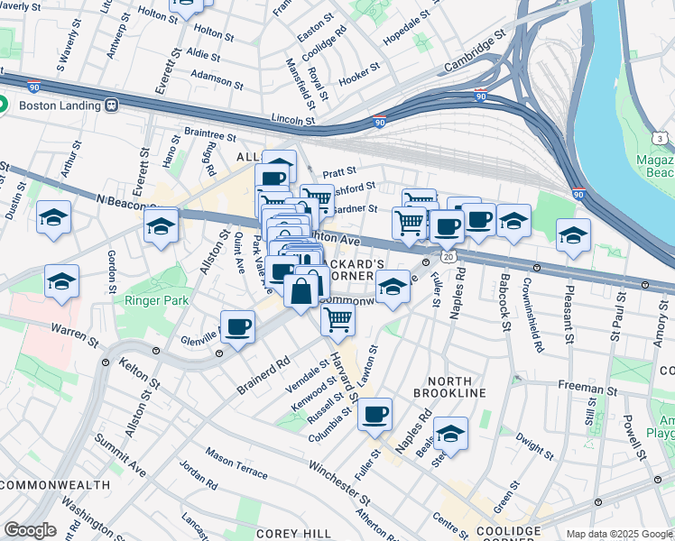 map of restaurants, bars, coffee shops, grocery stores, and more near 1197 Commonwealth Avenue in Boston