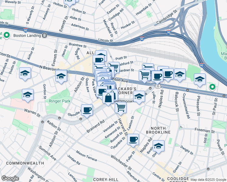 map of restaurants, bars, coffee shops, grocery stores, and more near 1197 Commonwealth Avenue in Boston