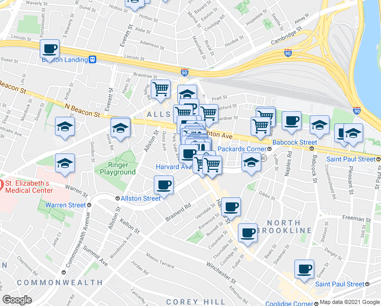 map of restaurants, bars, coffee shops, grocery stores, and more near 1245 Commonwealth Avenue in Boston
