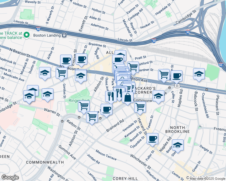 map of restaurants, bars, coffee shops, grocery stores, and more near 10-14 Park Vale Avenue in Boston