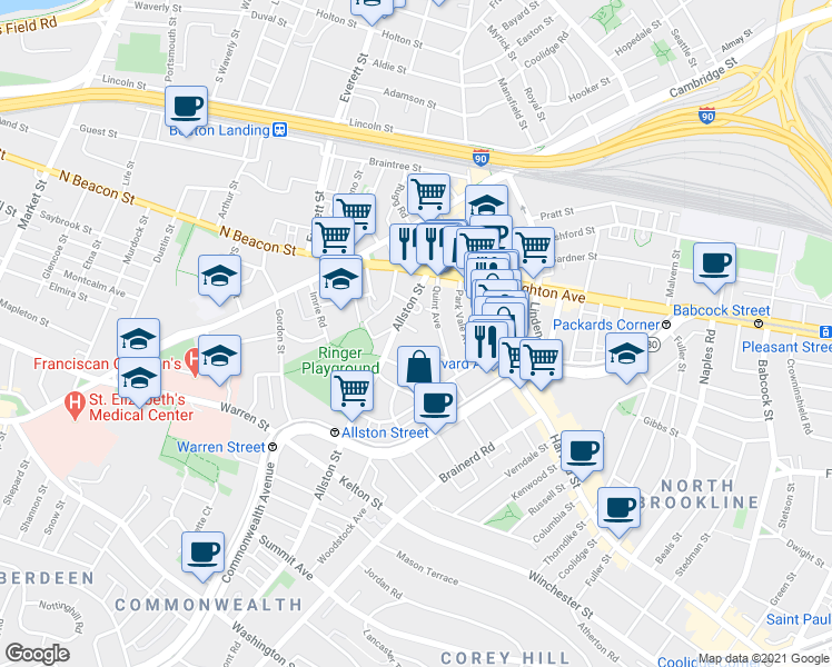 map of restaurants, bars, coffee shops, grocery stores, and more near 17 Radcliffe Road in Boston