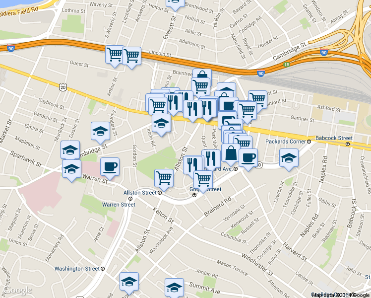 map of restaurants, bars, coffee shops, grocery stores, and more near 68 Allston Street in Boston