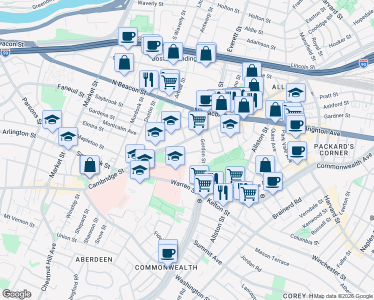 map of restaurants, bars, coffee shops, grocery stores, and more near 40B Ridgemont Street in Boston