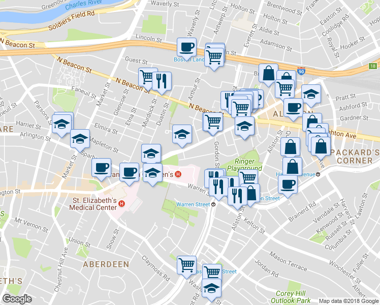 map of restaurants, bars, coffee shops, grocery stores, and more near 40B Ridgemont Street in Boston
