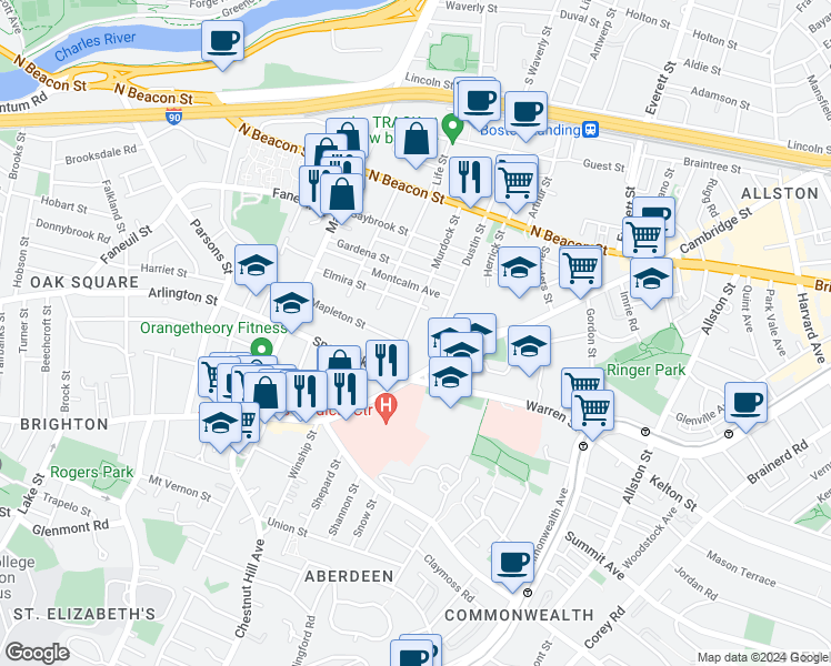map of restaurants, bars, coffee shops, grocery stores, and more near 697 Cambridge Street in Boston