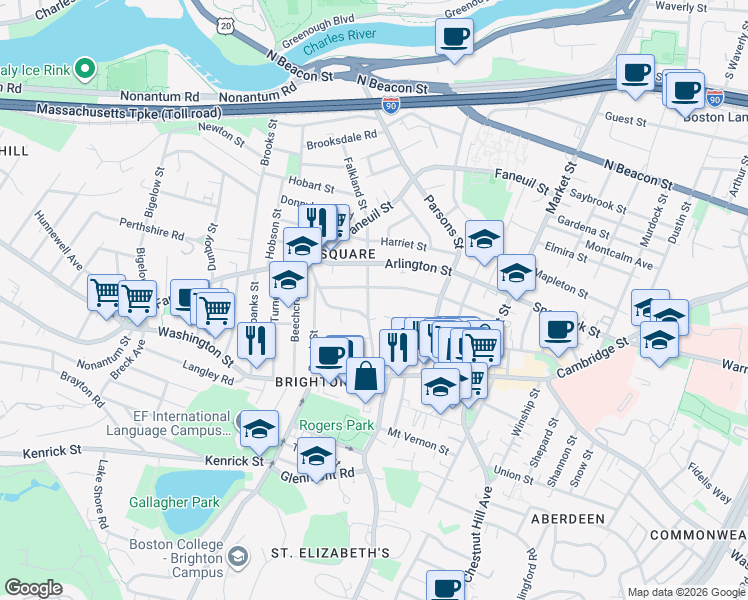 map of restaurants, bars, coffee shops, grocery stores, and more near 56 Oakland Street in Boston