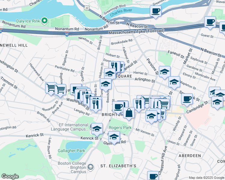 map of restaurants, bars, coffee shops, grocery stores, and more near 59 Brock Street in Boston