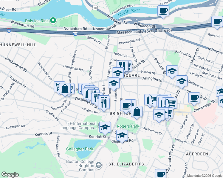 map of restaurants, bars, coffee shops, grocery stores, and more near 50 Beechcroft Street in Boston