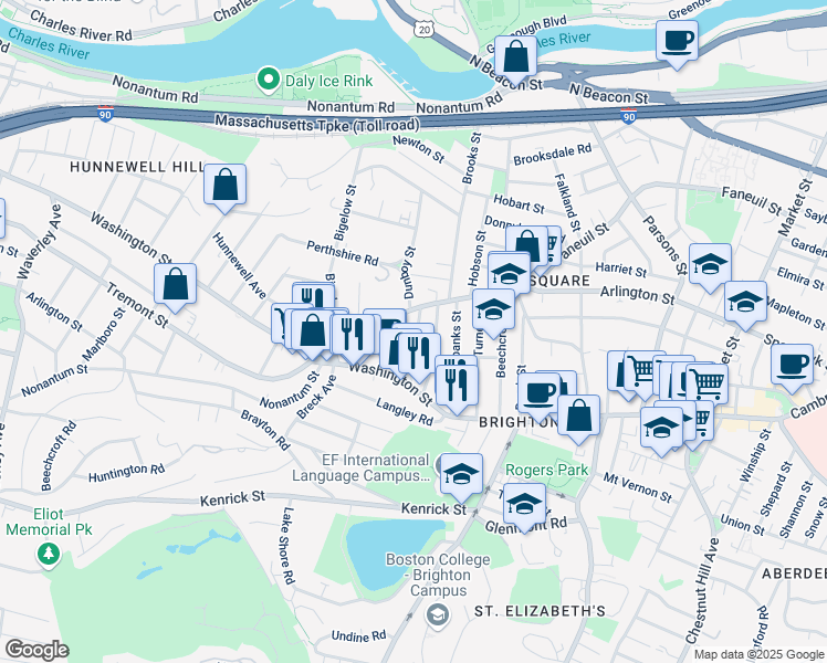 map of restaurants, bars, coffee shops, grocery stores, and more near 25-27 Montfern Avenue in Boston