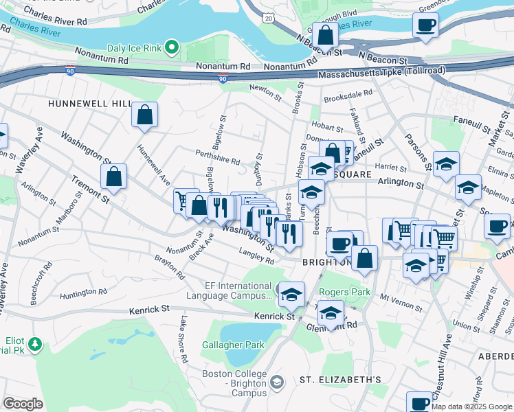 map of restaurants, bars, coffee shops, grocery stores, and more near 25-27 Montfern Avenue in Boston