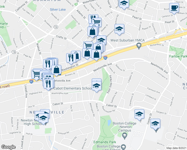 map of restaurants, bars, coffee shops, grocery stores, and more near 19 Carter Street in Newton