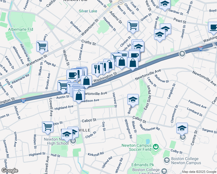 map of restaurants, bars, coffee shops, grocery stores, and more near 356 Newtonville Avenue in Newton
