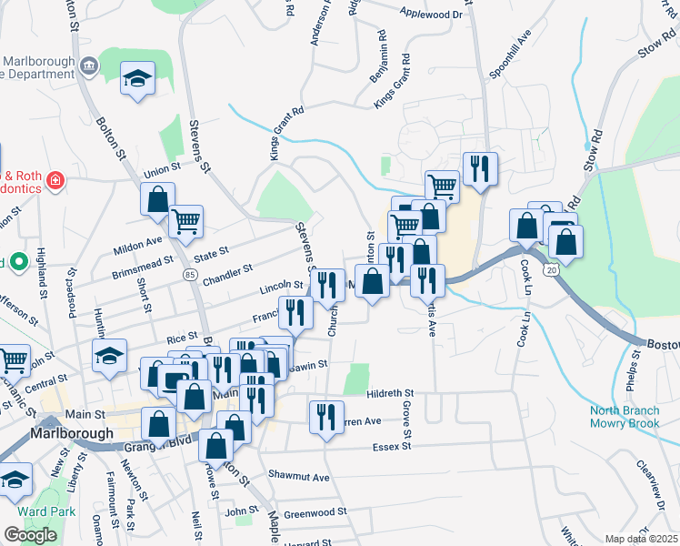 map of restaurants, bars, coffee shops, grocery stores, and more near 151 East Main Street in Marlborough