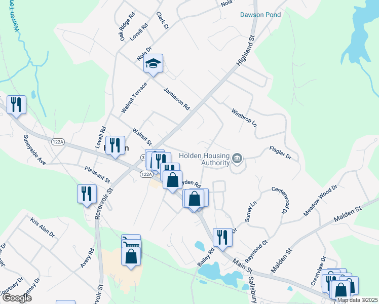 map of restaurants, bars, coffee shops, grocery stores, and more near 37 Phillips Road in Holden
