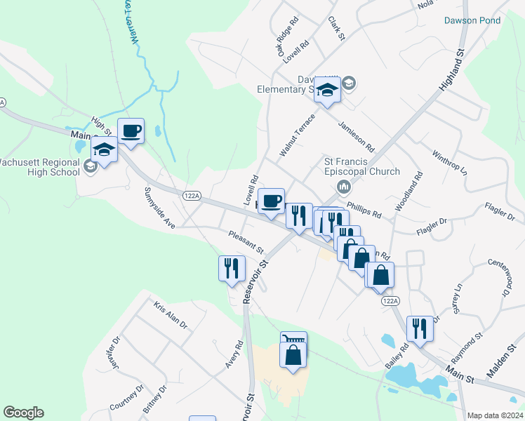 map of restaurants, bars, coffee shops, grocery stores, and more near 1213 Main Street in Holden
