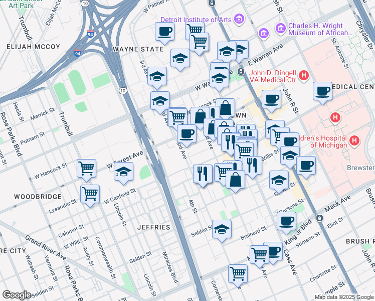 map of restaurants, bars, coffee shops, grocery stores, and more near 702 West Canfield Street in Detroit