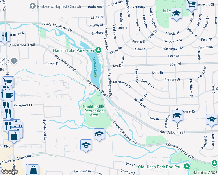 map of restaurants, bars, coffee shops, grocery stores, and more near 33344 Ann Arbor Trail in Westland