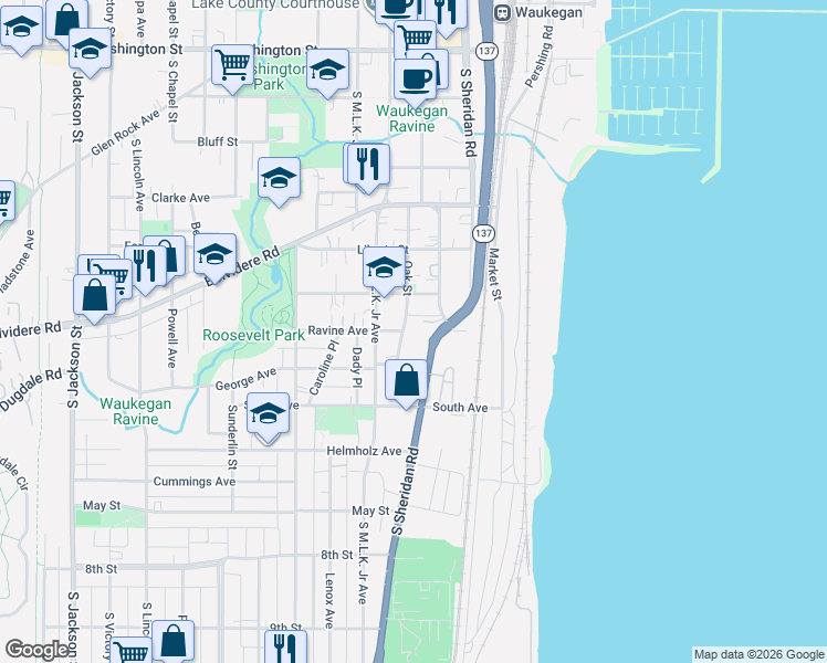 map of restaurants, bars, coffee shops, grocery stores, and more near 542 Oak Street in Waukegan