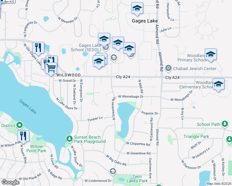 map of restaurants, bars, coffee shops, grocery stores, and more near 33597 North Greentree Road in Grayslake