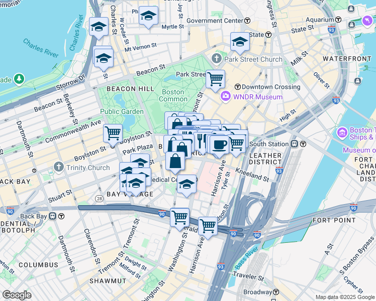 map of restaurants, bars, coffee shops, grocery stores, and more near 39 Stuart Street in Boston