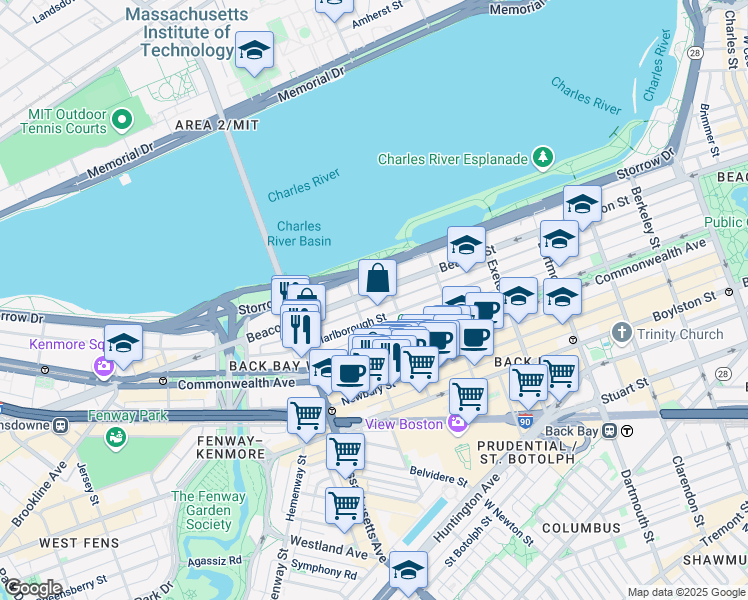 map of restaurants, bars, coffee shops, grocery stores, and more near 18 Hereford Street in Boston