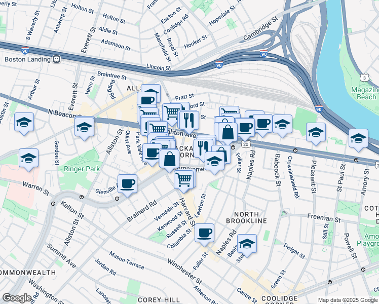 map of restaurants, bars, coffee shops, grocery stores, and more near 11 Chester Street in Boston
