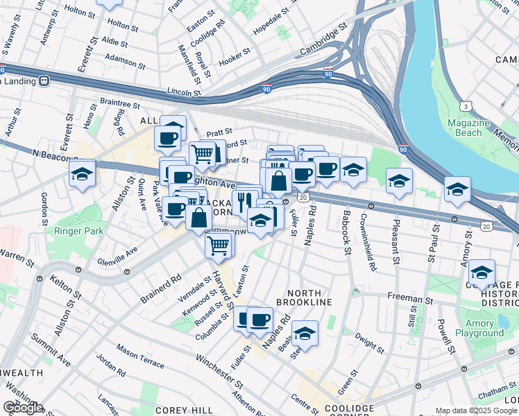 map of restaurants, bars, coffee shops, grocery stores, and more near 1131 Commonwealth Avenue in Boston