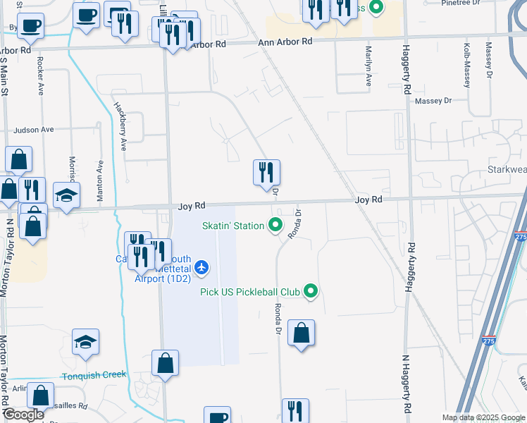 map of restaurants, bars, coffee shops, grocery stores, and more near 41747 Joy Road in Canton