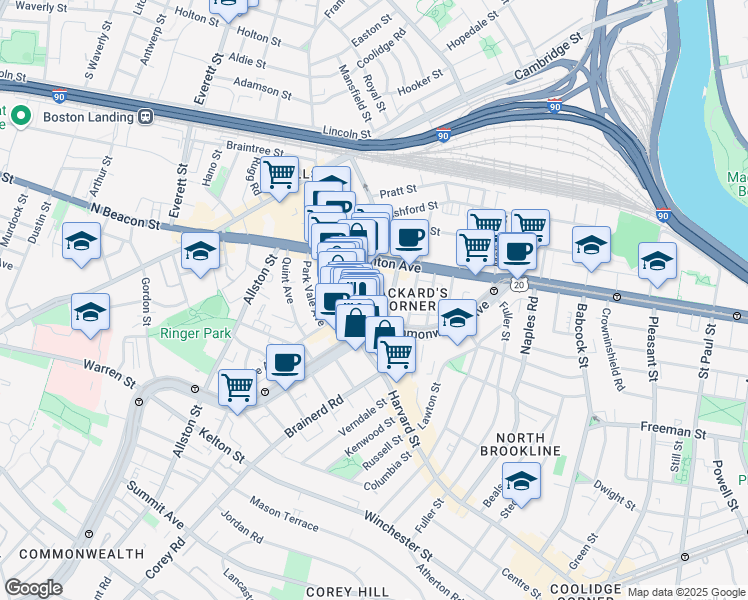 map of restaurants, bars, coffee shops, grocery stores, and more near 1197 Commonwealth Avenue in Boston