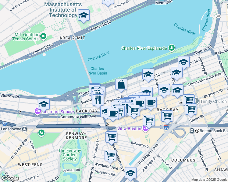 map of restaurants, bars, coffee shops, grocery stores, and more near Beacon St & Hereford St in Boston