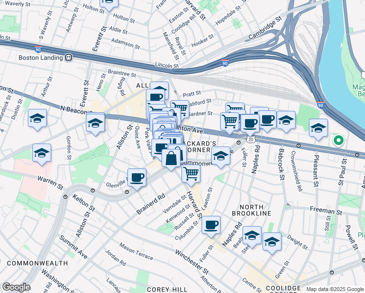 map of restaurants, bars, coffee shops, grocery stores, and more near 1197 Commonwealth Avenue in Boston