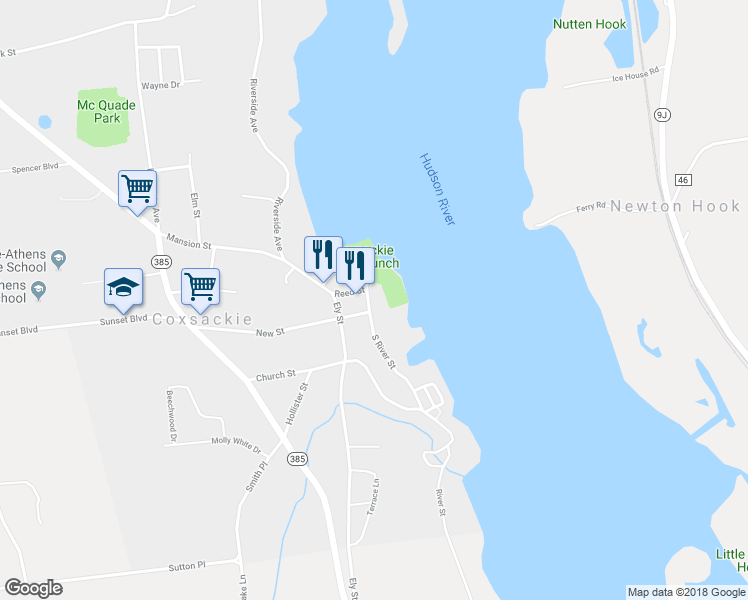 map of restaurants, bars, coffee shops, grocery stores, and more near 38 South River Street in Coxsackie