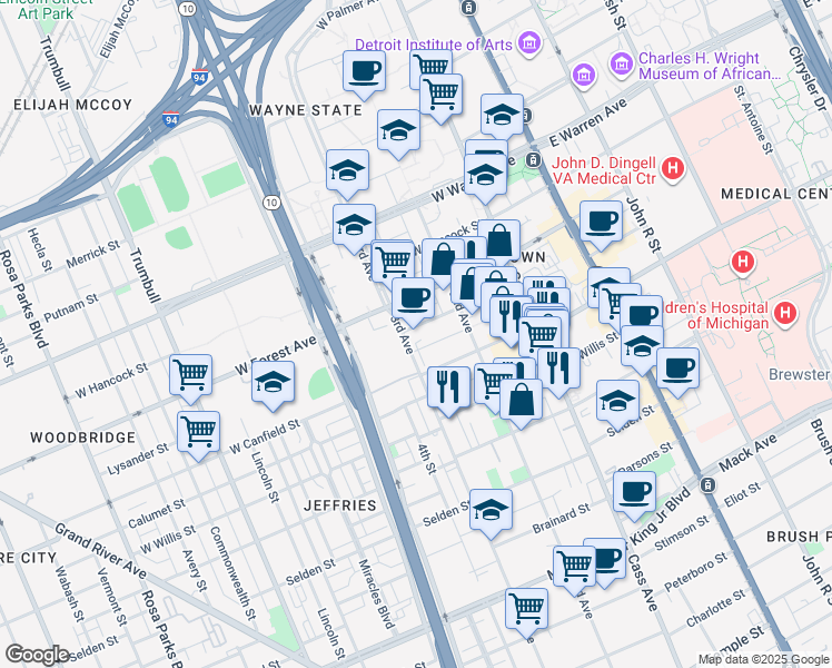 map of restaurants, bars, coffee shops, grocery stores, and more near 4474 3rd Street in Detroit