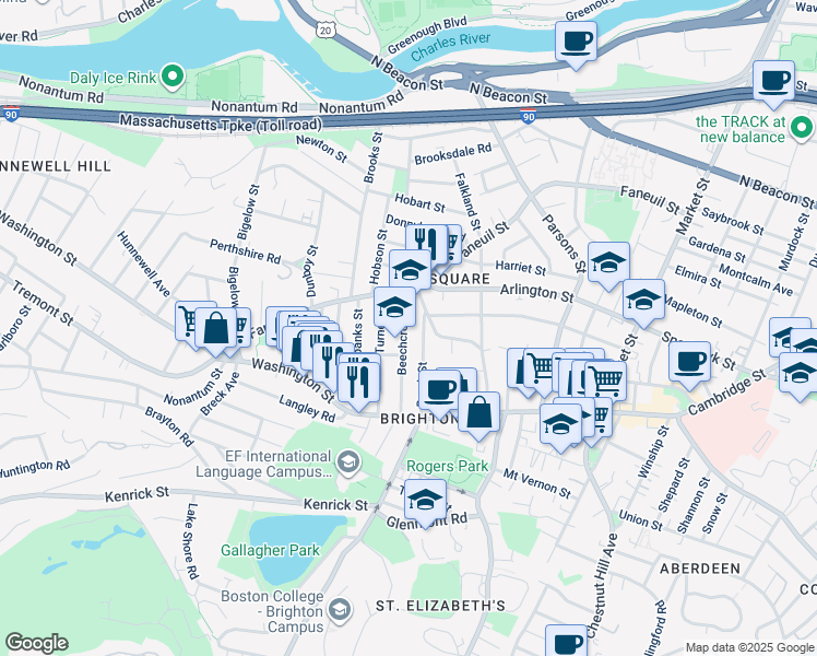 map of restaurants, bars, coffee shops, grocery stores, and more near 50 Beechcroft Street in Boston