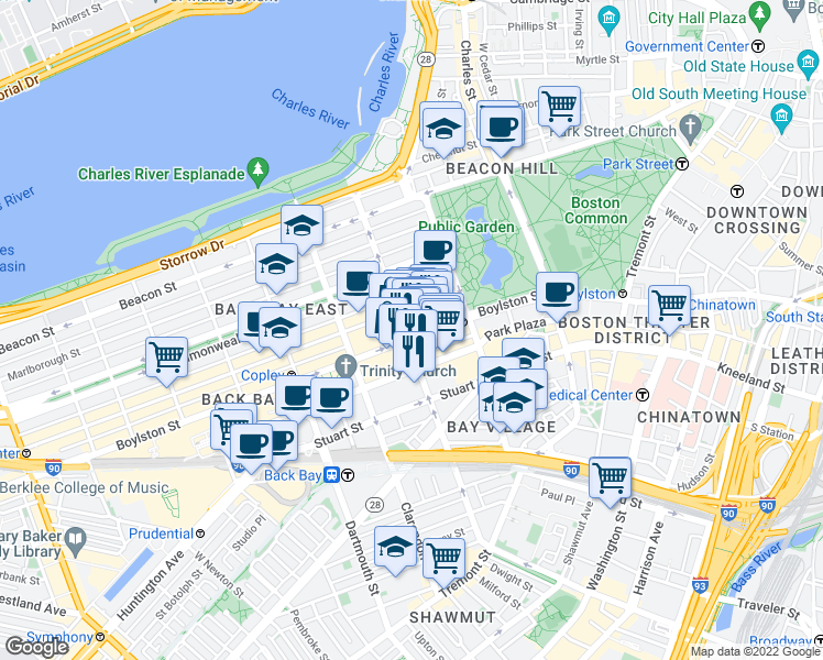 map of restaurants, bars, coffee shops, grocery stores, and more near 437 Boylston Street in Boston