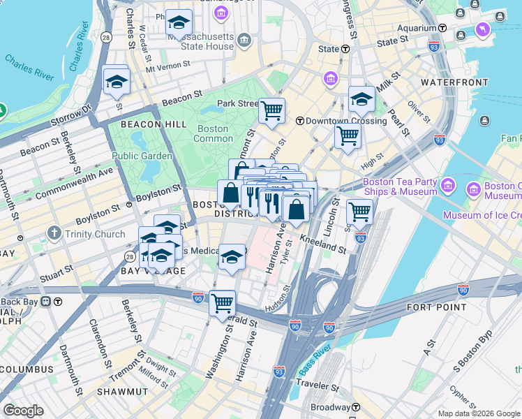 map of restaurants, bars, coffee shops, grocery stores, and more near 8 Kneeland Street in Boston