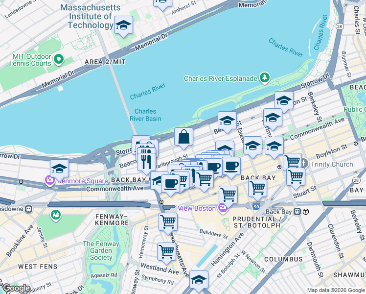 map of restaurants, bars, coffee shops, grocery stores, and more near 18 Hereford Street in Boston