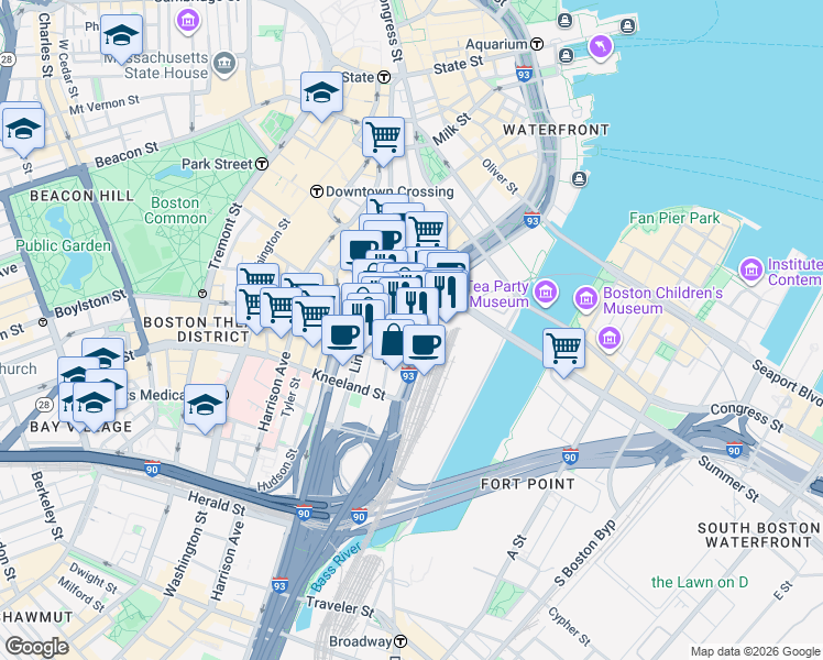 map of restaurants, bars, coffee shops, grocery stores, and more near 695 Atlantic Avenue in Boston