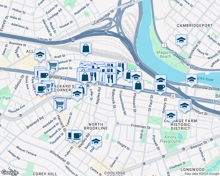 map of restaurants, bars, coffee shops, grocery stores, and more near 20 Winslow Road in Brookline
