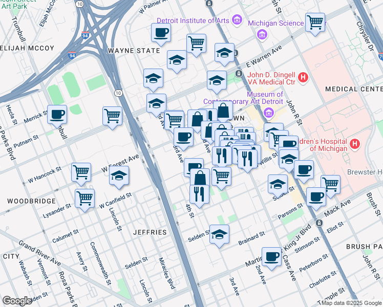 map of restaurants, bars, coffee shops, grocery stores, and more near 663 Prentis Street in Detroit