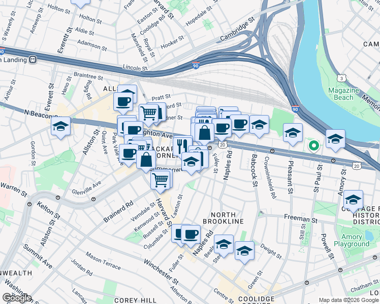 map of restaurants, bars, coffee shops, grocery stores, and more near 1131 Commonwealth Avenue in Boston
